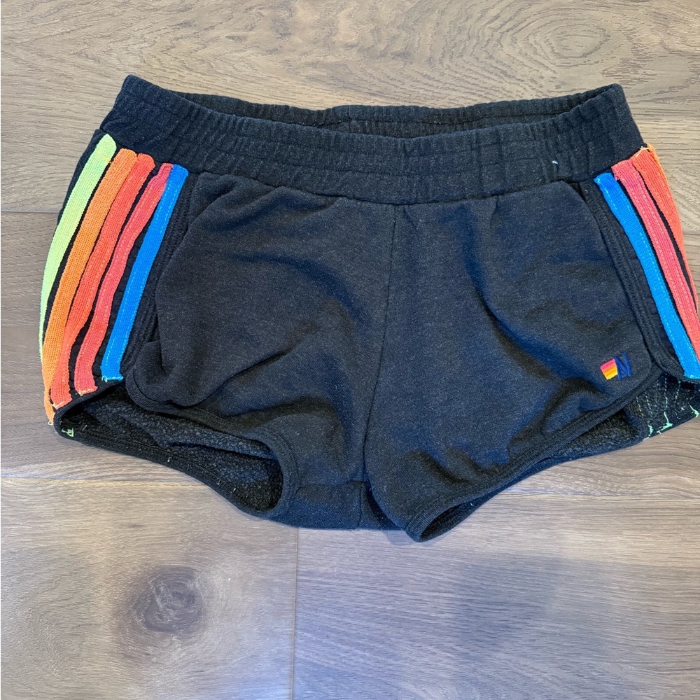 Aviator Nation Black Shorts with Neon Rainbow Stripes
